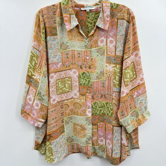 Rose & Olive Patchwork Boho Print Button Blouse Sz 2X Pink Multi Casual Office - Picture 1 of 10